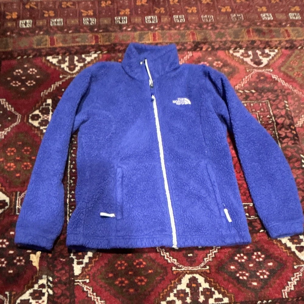 The North Face Girls Blue Fleece Jacket Full Zip Pockets Logo L/G 14/16